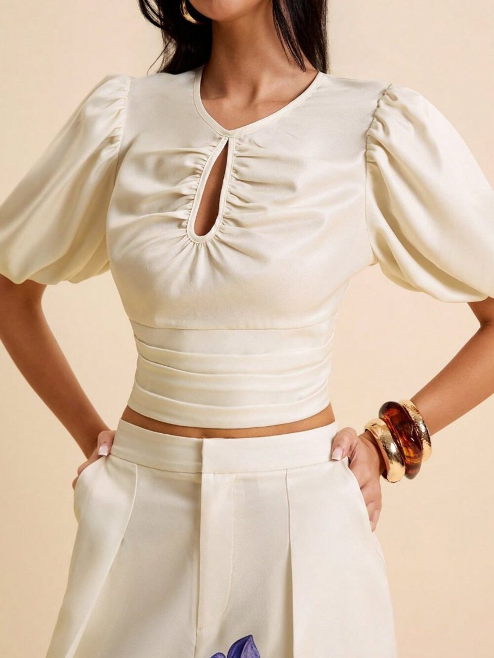 Apricot Elegant Women's top and floral pant Vacation coord Set - Picture 6 of 8